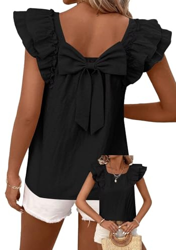 TUUHAW Ladies Tops UK Summer Clothes Round Neck Going Out Chiffon T-Shirts Ruffle Short Sleeve Blouse with Bow Tie Y2K Tunic Party Outfit Cute Casual Clothing Loose Fit Black S