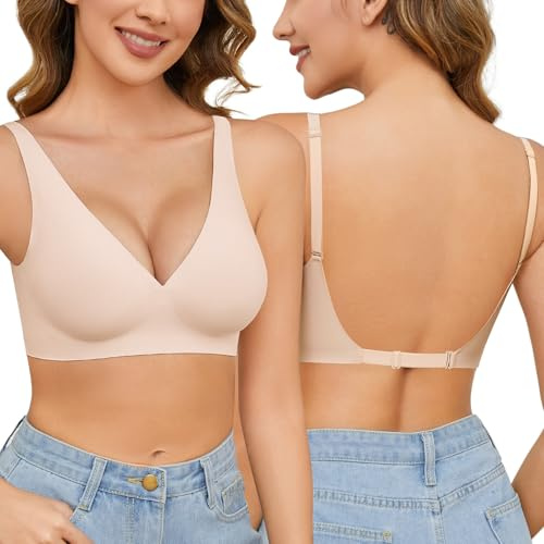 Niwicee Reggiseno Schiena Scoperta Invisibile Reggiseni Senza Ferretto Push Up V Profonda Reggiseno Multiway Bretelle Convertibili con Morbida Imbottiture (Beige, S)