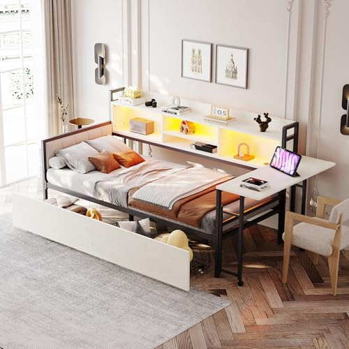 Kebnor Cama de día de 90 * 200 cm, sofá cama de hierro, con iluminación LED y espacio de almacenamiento, con cajones y tomacorriente multifuncional, escritorio desplegable, respaldo suave, (Blanco)