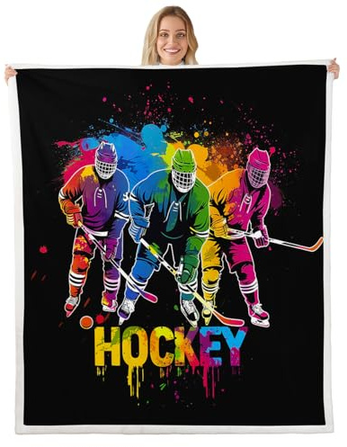 Homewish Couverture 150x200cm Enfant Hockey sur Glace, Plaid Canape Puck, Couverture Polaire pour Garçons Filles Points Silhouette Graffiti Arc-en-Ciel, Jetés de Lit Aquarelle Sportif