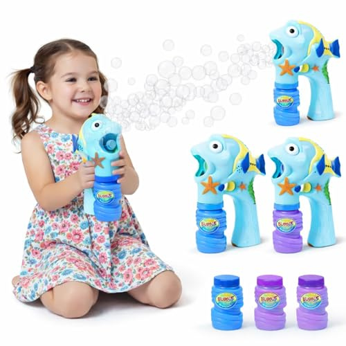 Pistola de Burbujas - Set de 3 - AMATOYS - Máquina de Pompas Automática con Luces - Forma de Animales - Pomperos para Niños y Niñas - Juguete para Piscina y Verano (Marino Azul)