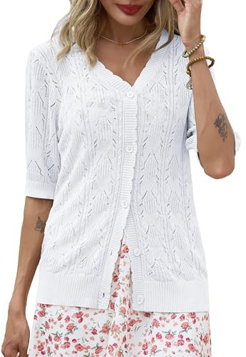 Lovasy Cardigan Bouton Femme à Manches Courtes Gilet Chic et Élegant Léger Veste en Tricot Col V Ouverte Devant Cardigan Respirant Élégant