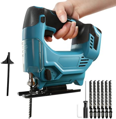 Trådlös sticksåg kompatibel med Makita 18 V, 420 W 3 500 varv/min borstlöst kontursågsverktyg 45° avfasade skär med 6 blad för rak kurvcirkelskärning (blå)