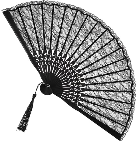 Genérico Abanico Plegable de Encaje Negro para Mujer Diseño Victoriano, Patrón Bordado a Mano y Bambú, Adecuado para Bodas y Fiestas Elegantes