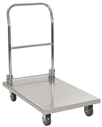 Zeiquah Plattformsvagn av rostfritt stål silver 82 x 53 x 86 cm hopfällbar med 2 hjul och 2 bockhjul upp till 200 kg för kök, lager, hotell, serveringsvagn, rullvagn, förvaring