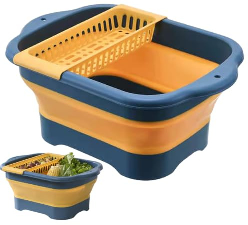 Hperu Hopfällbart diskställ, stort handfat med dräneringsplugg och dräneringskorg, bärbar multifunktionell grönsakstvättkorg blå orange, campingdisk tvättstation