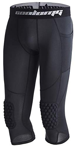 COOLOMG Basketball Pants with Knee Pads Kids 3/4 Compression Tights Black M