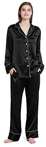 Mommesilk Pyjama en soie pour femme - Ensemble deux pièces confortable - Col en V - Col cranté - Manches longues - 19 mommes - En soie de mûrier, Noir , S