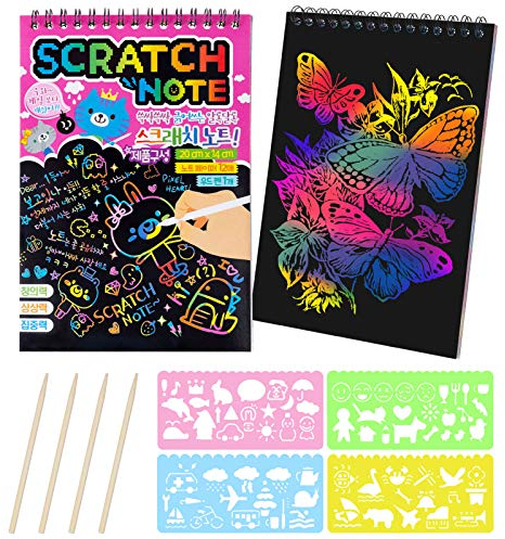 MELLIEX 2 Stück Kratzbilder Set für Kinder, DIY Regenbogen Kratzpapier Bastelset zum Zeichnen und Basteln mit Zeichnung Lineal und Hölzerner Stift