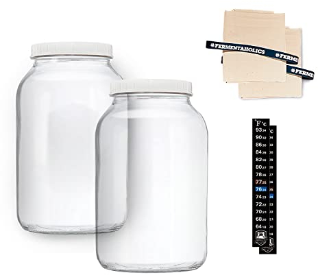 Fermentaholics 2 One-Gallon Glass Kombucha Jars & Breathable Muslin Cloth Covers, and Rubber bands | 2 Pack Gallon Jars | Perfect SCOBY Home - Brew Their Own Kombucha | American-Made Jar