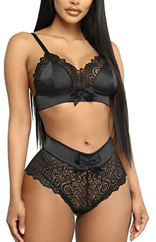 ROSVAJFY Sexy Lingerie Set for Women Naughty 2 Piece Push up Sling Bra and Panty Underwear Sets See Through Lace Patchwork Strappy Nightwear with Knickers Ladies Sweet Bowknot V Neck (Black, M)