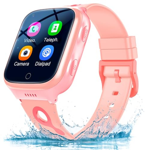 TEZILON 4G GPS Smart Watch Waterproof Phone Video Call SOS Emergency Alarm Voice Message Camera GPS Tracker Watch Real-Time Tracking Geo-Fence Touch Screen Pedometer Anti-Lost Gift Pink