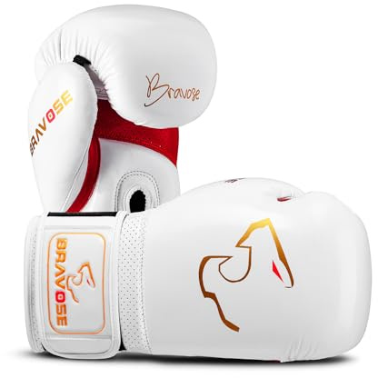 BRAVOSE Alpha Strap Boxing Gloves Mens, Women for Entry Level Boxers for Punching Bag Training & Sparring MMA Kick Boxing Muay Thai Made By Premium PU Leather Ventilated Palm (White Red, 10 Oz)