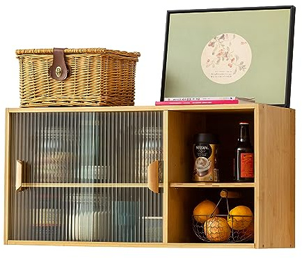 Tiita Small Kitchen Pantry Cabinet, Bamboo Wall Sideboard with Glass Doors, Cupboard Food Pantry Cabinet for Kitchen, Living Room and Dinning Bedroom