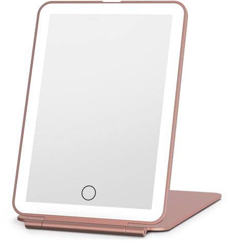 FunTOUCH Sminkspegel med belysning, uppladdningsbar bärbar resespegel, belysning i 3 färger, spegel resor, dimbar pekskärm, vikbar kosmetikspegel med ljus (roséguld)