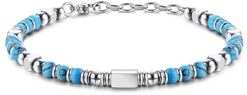 LOLIAS Perlenarmband Damen Herren Armband Türkis Edelstahl Armbänder Beste Freundin Edelstein Armbänder Damen Geschenke Türkis Schmuck Armband Silber 4MM