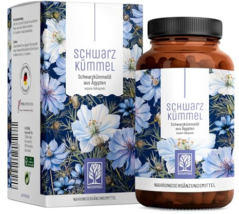 NATURTREU® Schwarzkümmelöl Kapseln hochdosiert mit Vitamin E - 1000mg pro Tag - Schwarzkümmel Öl kaltgepresst aus Syrien - 120 vegane Gelkapseln syrisches Schwarzkümmelöl (Black Seed Oil)