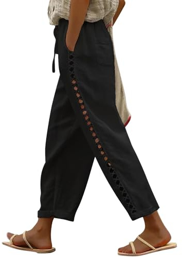 Puimentiua Sommerhose Damen Leicht,Sommer Leinenhose,7/8 Weiße Hose,Luftig Sommerhosen,High Waist Linen Pants,Elegant Stoffhose,Lockere Ausgehöhlt Hosen mit Tunnelzug und Taschen (Schwarz,XXL)