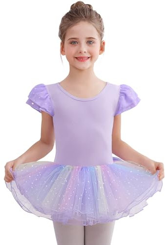 Comfyouth Ballettkleidung Mädchen Pailletten Ballett Tütü Kinder Kurzarm Ballettkleid Baumwolle Balletttrikot Tanzkleid mit Buntes Tutu Rock