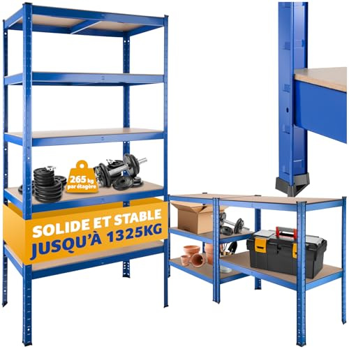 tectake® Scaffale in Metallo a 5 Ripiani, Scaffale Salvaspazio, Scaffale Metallo Garage Regolabile, Trasformabile, Ideale per Magazzino, Ripostiglio, Ufficio, Capacità di Carico 1325 Kg - Blu