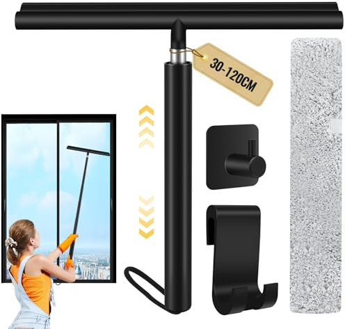 Pavlleen Duschabzieher, Bodenabzieher, mit 120 cm Teleskopgriff, Fensterabzieher, Schwarz, Mikrofaser, Abzieher für Badezimmer, Dusche mit Halterung für Autofenster, Spiegel (schwarz)