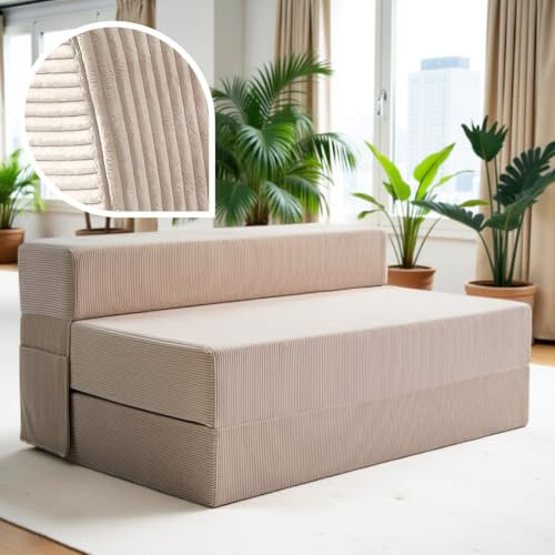 Cord Sofa – Schlafsofa 120 cm breit, faltbare Schlafcouch & Gästematratze für 2, klappbares Sofa Bett – Extra dick 20cm & bequem H3 – Perfekt für Gäste & Alltag – Test SEHR GUT Oeko-TEX Klappmatratze