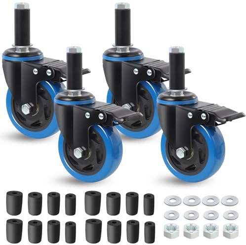 BAOLIHUI Ruote per mobili 100mm con vástago espandibile e freno adatte a tubi Ø23/28/34/40mm, capacità 500 kg ruote per carrello e tavoli inox, girevoli, blu, set da 4