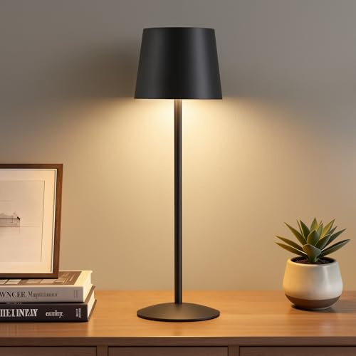 GyroVu Kabellose LED Tischlampe Schwarz, Höhenverstellbar Touch Lampe Dimmbar Stufenlos, Wiederaufladbar Akku Tischleuchte mit USB-C, IP44 Wasserdicht, Für Camping Esstisch Wohnzimmer Nachttisch