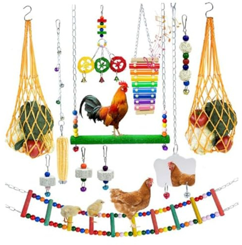 Giocattoli di pollo per pollaio, 1 set di giocattoli colorati per arricchire il pollo a catena più lunga con altalena per xilofono scala flessibile borsa a corda verdura frutta spiedo specchio pietra