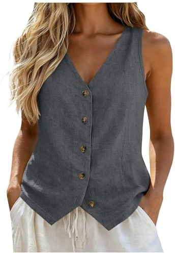 Camiseta de lino para mujer, cuello en V, con botones, sin mangas, chaleco de verano para mujer