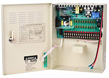 Xenocam 18-kanals 18-vägs 12 V 10 Amp DC metallskåp reglerad strömförsörjningsenhet med reservbatterilänk för inbrottslarm CCTV-kameror PTZ åtkomstkontroll