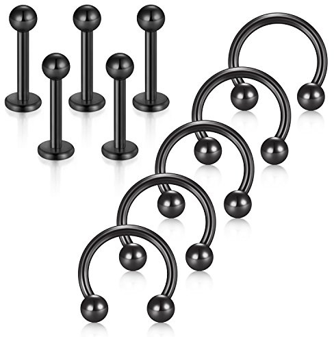 Funseedrr 10 pz 16 Gauge Piercing al Polsino a Ferro di Cavallo BCR Piercing Ring 8mm Naso Nero Tragus Helix Piercing Set di Gioielli