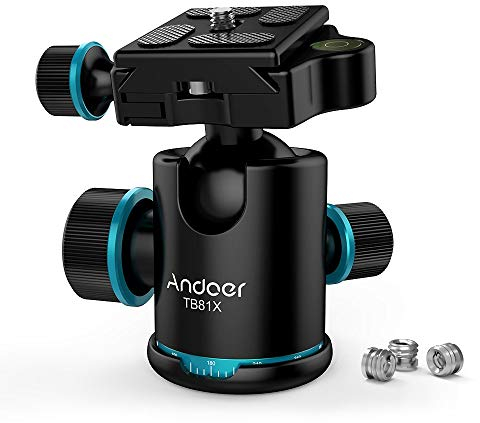 Andoer Rótula,Pro Ballhead de Metal 360°Giratoria con 1*1/4 Plato de Liberación Rápida y 3*1/4 a 3/8 adaptadores de Tornillo,para Trípode,Monopie,Deslizador,Cámara Réflex Digital,Videocámara