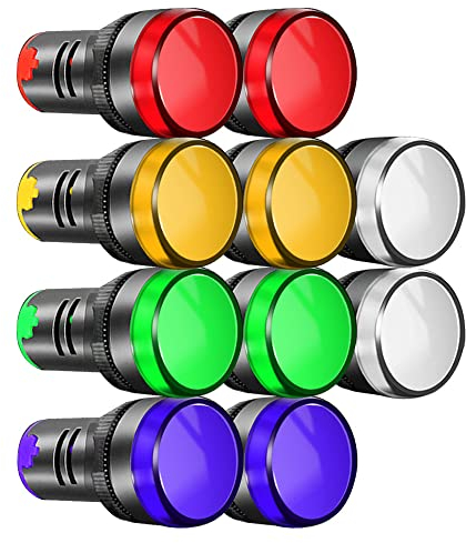 Gebildet 10Pcs 22mm Indicateur Lumineux 220-380VAC LED Montage sur Panneau Encastré (Rouge/Vert/Bleu/Orange/Blanc, Chaque Couleur 2pcs)