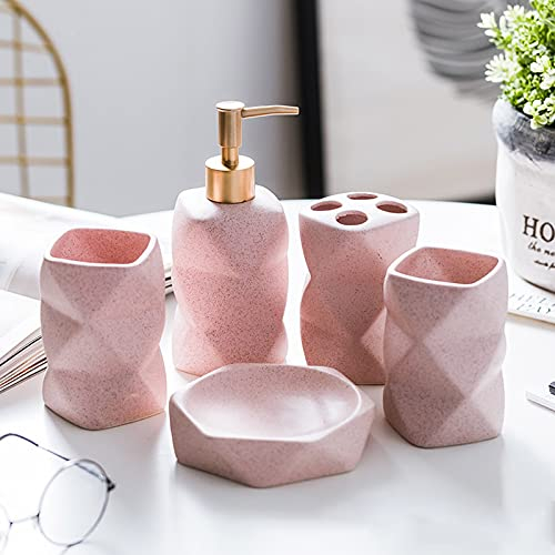 Tauzveok Badezimmer Set Geometrische Figur Luxuriöses Badezimmer Zubehör Set Keramik mit Seifenspender, Zahnputzbecher, Seifenschale, Zahnbürsten-Halter,Rosa,5Pcs