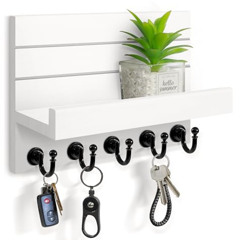 HONJIN Key Holder for Wall: Easy Installation Mail Organizer Wall Mount Hanging Key Rack for Kitchen and Entryway Decor with 5 Sturdy Key Hooks (White)