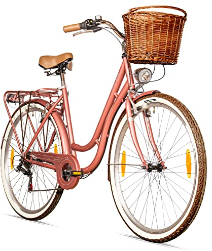 Bergsteiger Marseille 26 Zoll Damenfahrrad, ab 150 cm, Korb aus Rattan, Fahrrad-Licht, Damen-Citybike, Damenrad im Retro-Design«, 6 Gang Tourney Schaltung, Kettenschaltung