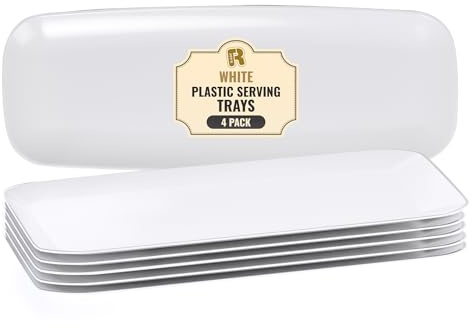 R-kay 4 Pack White Plastic Serving Trays for Party - White Serving Tray 17 by 6.5 in - Rectangular Heavy Duty Dessert Trays for Food
