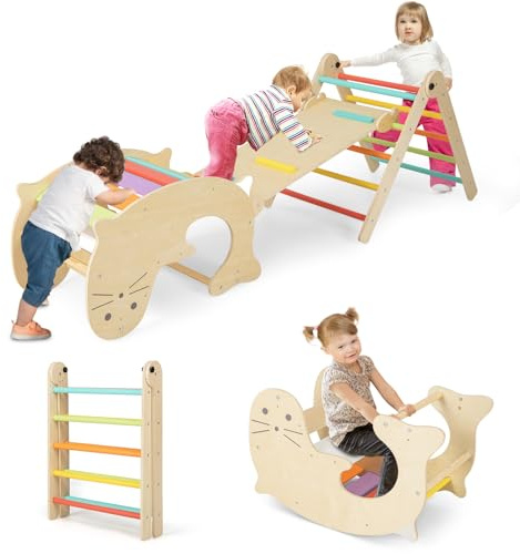 COSTWAY 7 in 1 Set di Arrampicate per Bambini, Arrampicatore Pieghevole in Legno con Scivolo Reversibile, Dondolo e Arrampicata, Tavolo e Tunnel, per Bambini 3-14 Anni (Colorato)