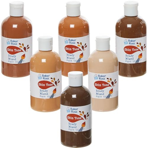 Baker Ross FN239 Skin Tone Ready Mixed Poster Paint Pack 150ml - Box of 6, Paint Value Pack of Bottles, Paint for Kids
