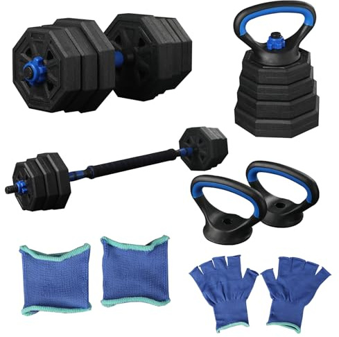 HCT STYLE Haltères Réglables 30 KG – Kit Haltères Musculation 4 en 1 avec Barre, Kettlebell et Supports de Pompes