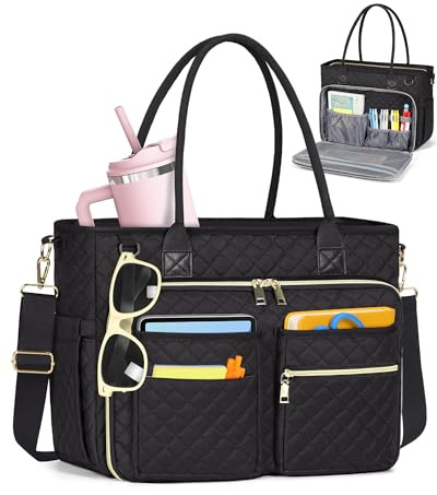 RAINSMORE Laptop Tote Bags for Women Teacher Work Bags 15.6 inch Large Nurse Bag Computer Messenger Briefcase with Insulated Pocket, Laptop Briefcase for Office College School University, Black