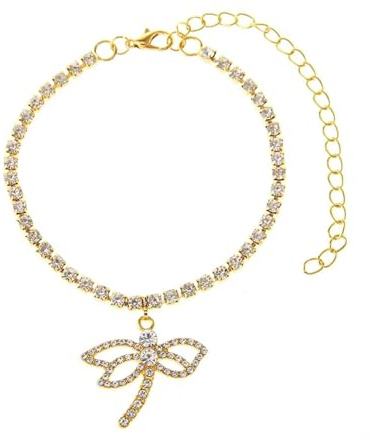 Homxi kvinnor sommar fotkedjor guld, damer fotkedja legering trollsländor med zirkonia – 21 cm + 10 cm förlängningskedja, 21cm + 10cm Verlängerungskette, Metall, Cubic Zirconia