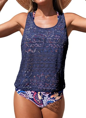 Aleumdr Women 3 Piece Athletic Tankini Swimsuits for Women Flower Swim Tank Top Bathing Suits with Shorts and Push Up Sports Bra Swimwear Navy Blue Medium