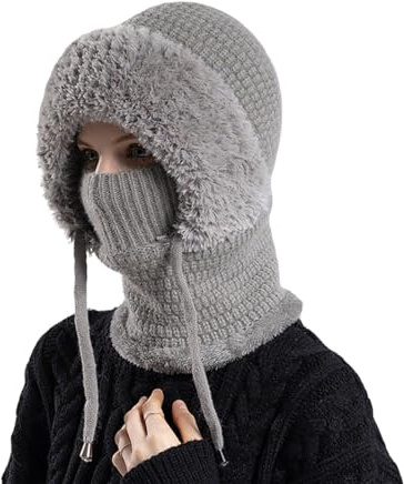 ANTUK 3 in 1 Beanie Hat for Women, Sherpa Hood Ski Mask, Fall Winter Warm Knitted Windproof Balaclava Scarf with Face Cover for Outdoor Skiing Hiking (Gray)
