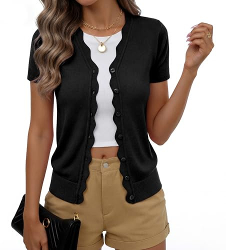 Yommay Cardigans for Women Short Sleeve Casual V Neck Elegant Wave Knitted Lightweight Soft Ladies Basic Open Front Cardigan,Black,Large