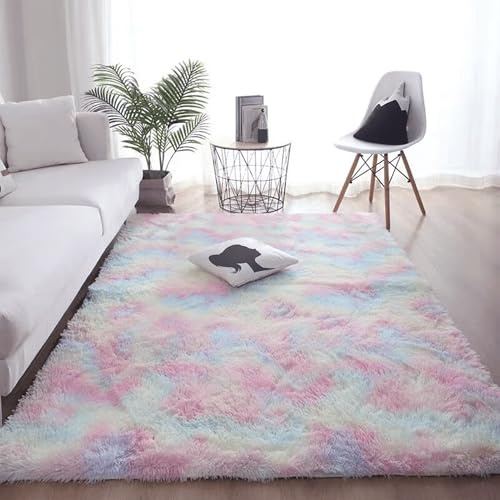 GUOGHUI Alfombras Infantiles 90 x 200 cm Diseño Tie Dye Shaggy Piel de Cordero Oveja Resistente Humedad Adecuado para Salón Dormitorio, Multicolor