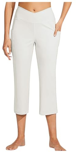 Generisch Pantalones capri de yoga para mujer, cintura alta, pantalones capri, pierna recta, pantalones pirata para entrenamiento, 53,3 cm, Blanco, S