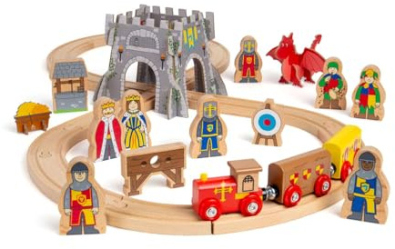 Bigjigs järnväg medeltida tågset | 33 st träjärnvägsset | Tema järnvägsleksaker för barn | småbarn rollspel leksak | unika gåvor för småbarn och barn | lämplig för 3+ år gamla flickor och pojkar