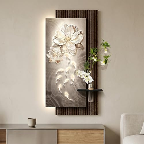 Arte de Pared 3D LED de Arenisca Texturizada, Diseño Floral y Nueve Peces, Alimentación Enchufable, Jarrón de Vidrio con Planta Artificial(50x100cm(19.7x39.4in),B)